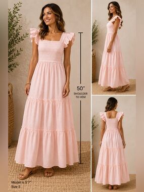Aiblee Smocked Square-Neck Ruffle Maxi Dress - Pink